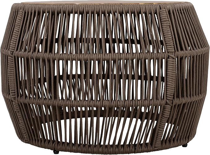Round Acacia Wood Side Table with Light Grey Rope Frame, Teak Finish Top, 150 lbs Capacity, No Assembly Required, Weather-Resistant Accent Table for Patio Backyard Living Room
