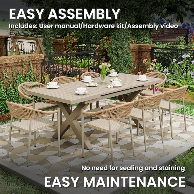 Extendable Patio Dining Table for 6-8, 63''-83'' Outdoor Aluminum Table w/Umbrella Hole, Rectangle Slatted Tabletop, Metal X-Trestle for Meals Garden Deck Backyard Gathering Party - Light Brown