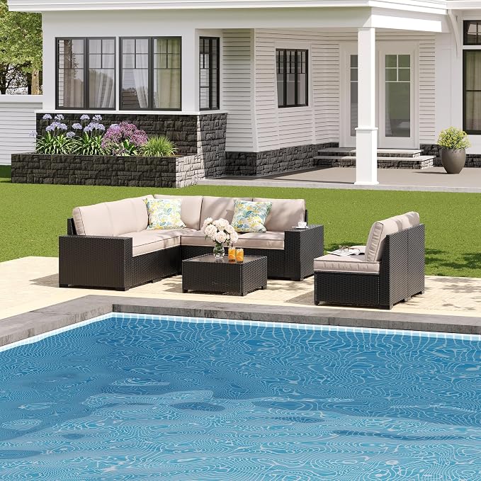 JOYURE 8 Pieces Patio Furniture Set All-Weather Outdoor Wicker Sectional Conversation Sofa Rattan Patio Seating Sofa with Cushion and Glass Table for Porch Poolside,Navy