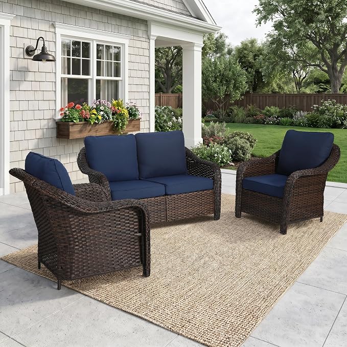 3 Piece Patio Wicker Conversation Set, All-Weather Use Outdoor Wicker Loveseat with 2 PE Rattan Chair, Ideal for Porch, Backyard, Balcony, Poolside, Blue