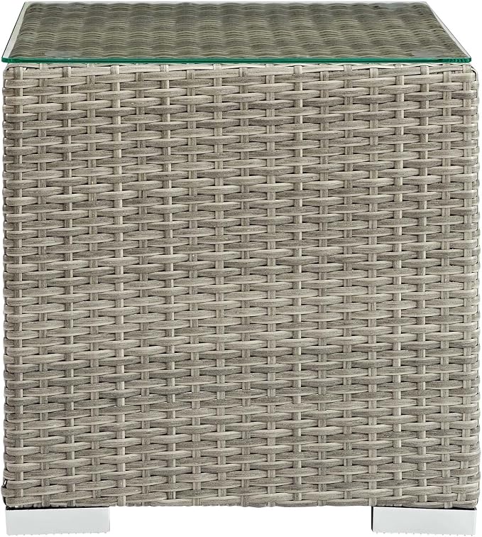 Modern Contemporary Outdoor Patio Lounge Side Table, Rattan Glass, Light Grey Gray
