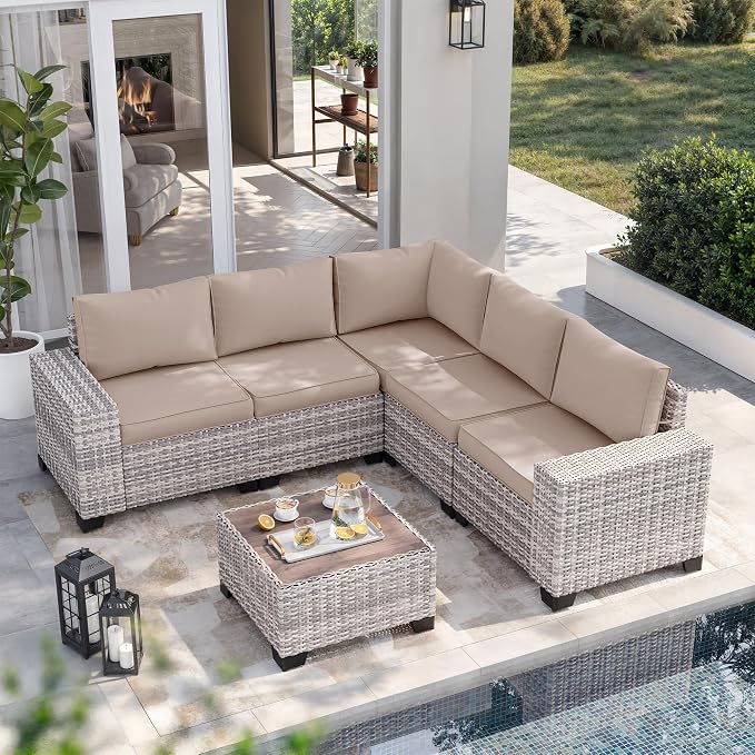 8-Piece Outdoor Patio Furniture Set Wicker Sectional Sofa Set with Ottomans, Patio Conversation Set with Thickened Cushions & Coffee Table for Garden, Backyard, Poolside, Beige
