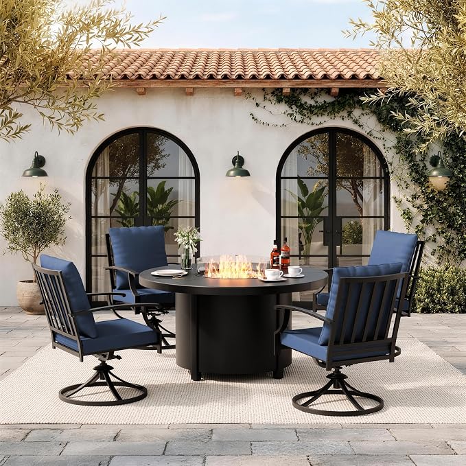 5 Pieces Outdoor Patio Furniture Set with 48" 55000 BTU Round Propane Fire Pit Table,Patio Dining Set Outdoor Conversation Sets 4 Swivel Chairs for Deck,Backyard and Garden,Dark Blue