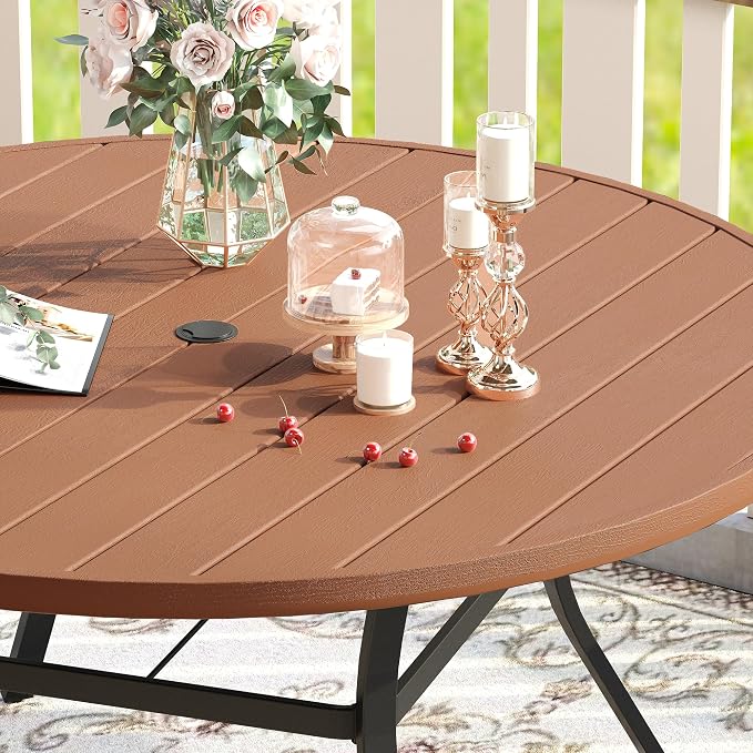 VICLLAX 63" Outdoor Round Patio Table with Umbrella Hole, All Weather Metal Round Outdoor Dining Table for Lawn Garden, 8-10 Person Table, Walnut Wood-Grain Tabletop