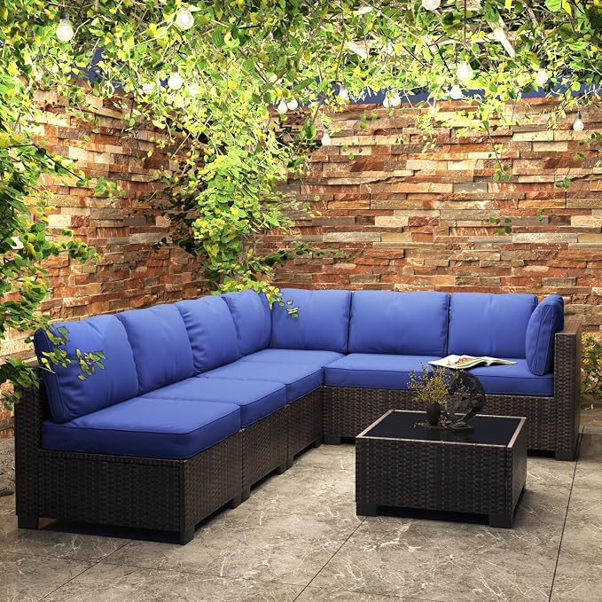 GAOMON 7-Piece Outdoor Patio Furniture Set, All-Weather Wicker Sectional Sofa with Thick Cushions and Glass Top Coffee Table, Modular Conversation Set for Garden, Balcony, Porch, Poolside