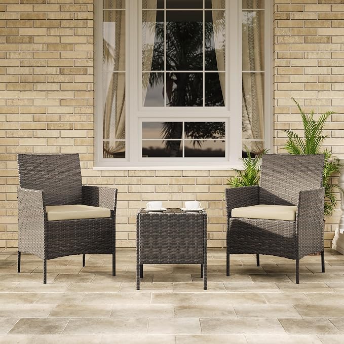 PeakPursuit 3 Pieces Patio Furniture Set, PE Rattan Wicker Patio Set with Soft Cushion and Glass Coffee Table, Upgraded Outdoor Patio Chairs and Table for Garden Poolside Balcony,White