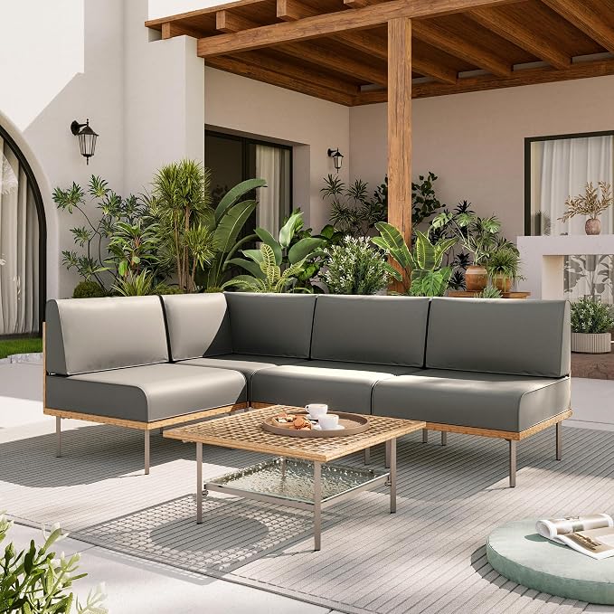 LAUSAINT HOME 5-Piece Outdoor Patio Furniture Set, Wicker Outdoor Conversation Set PE Rattan Sectional Sofa with Washable Cushions and Tempered Glass Table for Garden (Grey)
