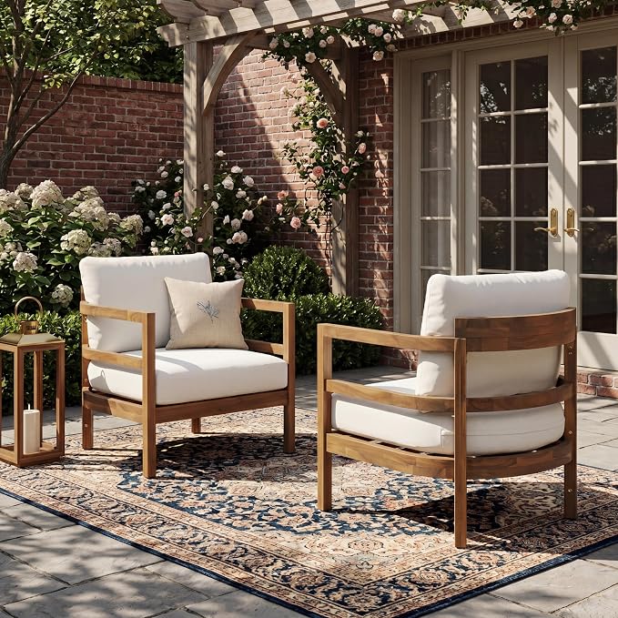 Merax Set of 2 Outdoor Acacia Wood Lounge Chair with Cushions, Solid Wood Patio Armchair, Modern Outdoor Accent Seating for Patio, Garden, Balcony, Deck, Porch, Beige + Light Brown