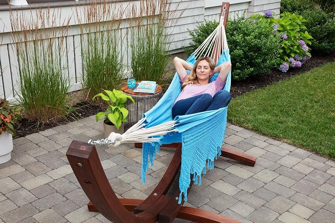 Bahia Brazilian Patio Hammock Crochet Cotton Hammock Double Hammock for Two People Outdoor Patio Swing Chair Hand Woven Mayan Hammock Use Inside Outside Backyard Decor Porch Swing - Blue