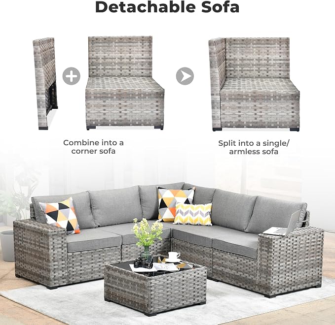 ovios 6 Pieces Patio Furniture Set, Outdoor Wicker Sectional Sofa with Coffee Table Comfy Cushions, Modern Modular Deep Seat Couch Rattan Conversation Set, Dark Grey