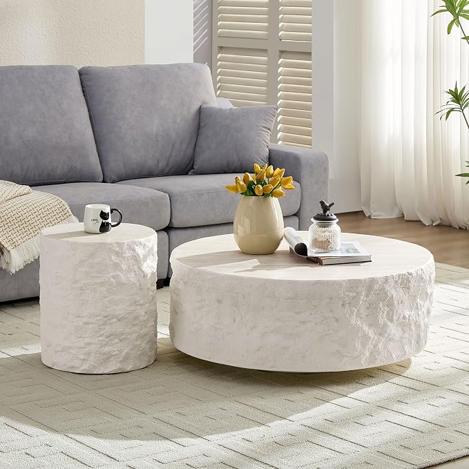 15.75 ''Round Coffee Table, Accent End Table for Living Room Office Apartment, Modern Minimalist Side Table with Faux Marble Pattern,No Need Assembly,Beige Ø15.74