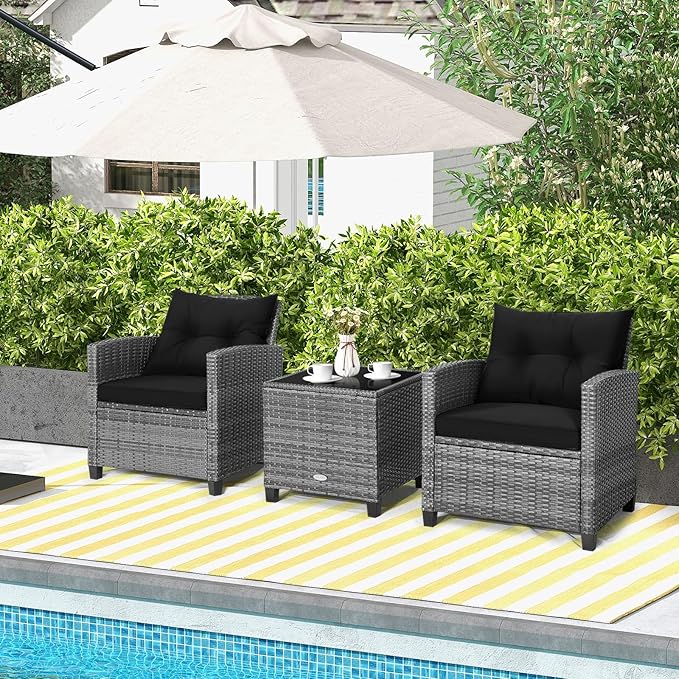 Patio Furniture Set, 3 Pcs Outdoor Wicker Conversation Set with Glass Coffee Table, Patio Chairs w/Washable Cushions, PE Rattan Outdoor Furniture Set for Porch Garden Backyard (Black)
