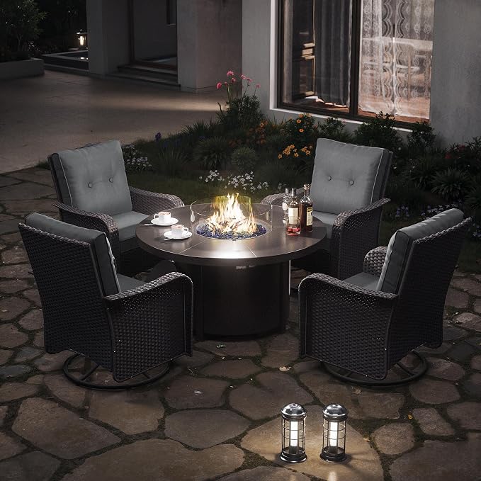 Kurapika 5 Pieces Patio Furniture Set, Rattan Wicker Outdoor Conversation Sets, 4 Woven Rattan Swivel Chairs w/48in Propane Fire Pit Table and Thickened Cushions, Grey