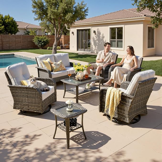 7-Piece Patio Furniture Set, Outdoor Wicker Furniture with Coffee Table, High Back Swivel Rocker Patio Chairs, Modern Rattan Outdoor Chairs Conversation Set for Porch, Balcony, Garden, Grey