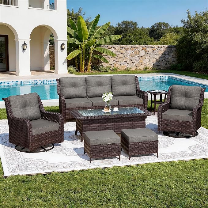 7-Piece Patio Furniture Set,Outdoor Conversation Sets w/Glass Table&High Back Wicker Swivel Rocker Chairs,All-Weather Wicker Sectional Sofa for Deck,Yard and Poolside,Grey