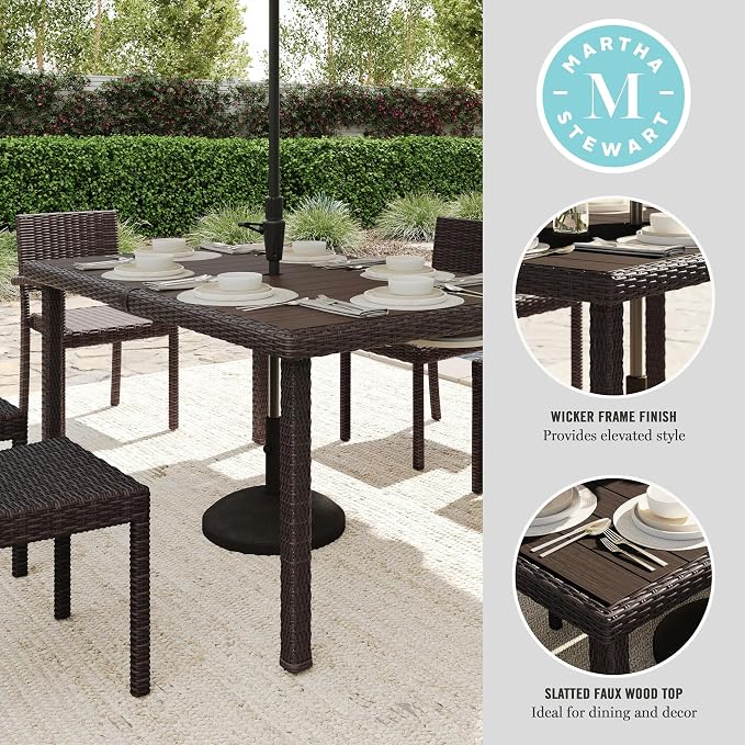 Martha Stewart Bedford 62" Indoor-Outdoor Patio Table with Faux Wood Top and Rattan Wicker Finish in Gray