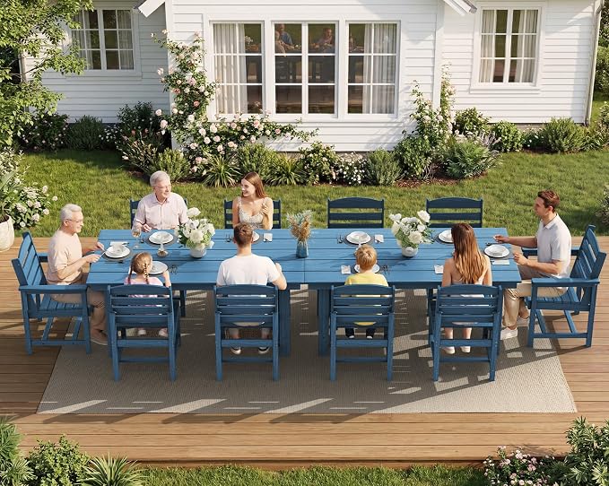 SERWALL 7-Pc HDPE Patio Dining Set, 1 Table & 6 Armless Chairs, Blue | HDPE Outdoor Dining Set with Rectangular Table & 6 Armless Chairs, All-Weather Resistant SERWALL Dining Set for 6