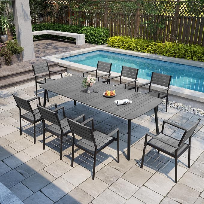 Outdoor Dining Table for 10 Grey 93" Patio Table with Umbrella Hole Rectangle Table with Aluminum Frame and Waterproof Wood-Like Tabletop for Lawn Backyard Garden Poolside