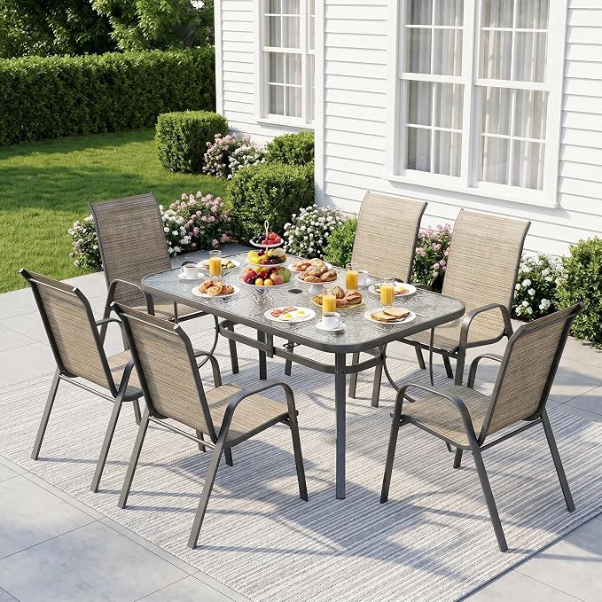 Arlopu 7-Piece Outdoor Table and Chairs for 6, Outdoor Dining Set W/Rectangle Glass Table and 6 Patio Textilene Stackable Chairs, Patio Furniture Set W/Umbrella Hole (Grey Table & Brown Chair)