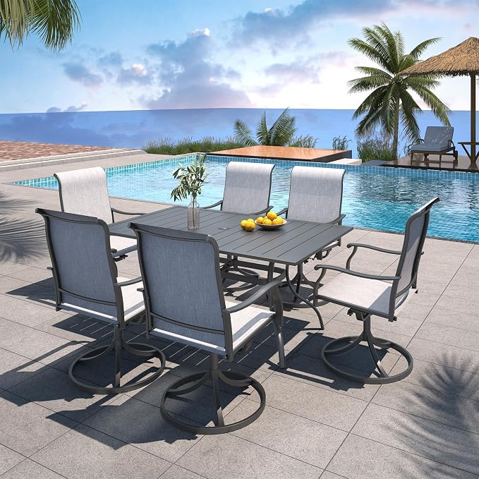 7 Piece Outdoor Dining Set, Grey Swivel Chairs and 63" Rectangle Table Sty1 | 6 Piece Swivel Chairs: High Back, Retro Armrest, Textilene Fabric, Rocking; 63"x38"x28" Metal Rectangle Table, All Weather