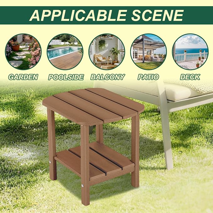 LZRS Patio End Table, Heavy Duty HDPE Outdoor Coffee Table with Wood Texture, Weatherproof Composite Table for Adirondack Chairs, Deck, Pool, Indoor/Outdoor, No Peeling Cracking(Brown)