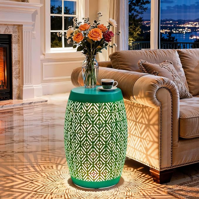Large Side Table Outdoor,18" H LED Light Metal End Table with Geometric Cut-Out Design, Hollow Drum Coffee Accent Table Plant Stand with No Assembly & Weather-Resistant for Patio, Garden, Indoor