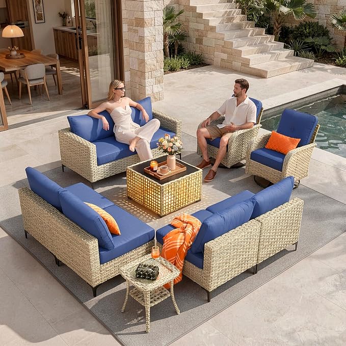 10 Pieces Patio Furniture Set, Outdoor Conversation Set with 360° Swivel Rocker Chairs, Wicker Sectional Sofa & Solar Coffee Table, High Back Outdoor Furniture L Shaped Couch for Porch Deck, Navy Blue