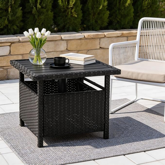 Sundale Outdoor Umbrella Stand with 2 Weight Bags, Patio 22 in Wicker Side Table with Umbrella Hole, All Weather Small Rattan Umbrella Base for Deck Yard Poolside Porch, Black