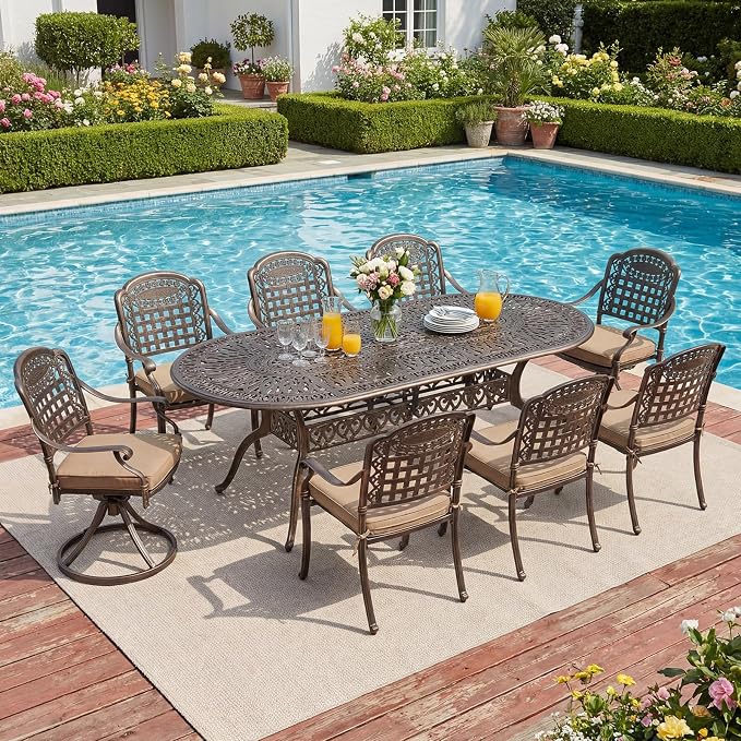 Redlife 9-Piece Cast Aluminum Outdoor Dining Set, 86" Oval Patio Table with Umbrella Hole, 2 Swivel Rocker Chairs & 6 Stackable Chairs with Cushions, Lattice Backrest, All-Weather Waterproof