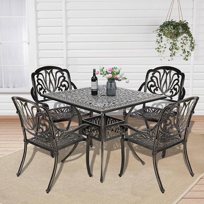 5-Piece Outdoor Patio Dining Set, All-Weather Cast Aluminum Patio Conversation Set, Includes 35.4 inch Square Table w/Umbrella Hole and 4 Chairs for Balcony Lawn Garden, Antique Bronze