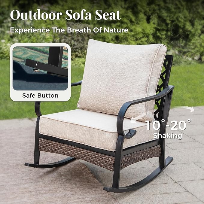 MIXPATIO Patio Furniture Set with Fire Pit Table, Metal Outdoor Conversation Set with 5.75'' Extra Thick Cushion, 2 Rocking Chairs, Loveseat Sofa, 3-Seat Sofa and Gas Fire Pit Table, Beige