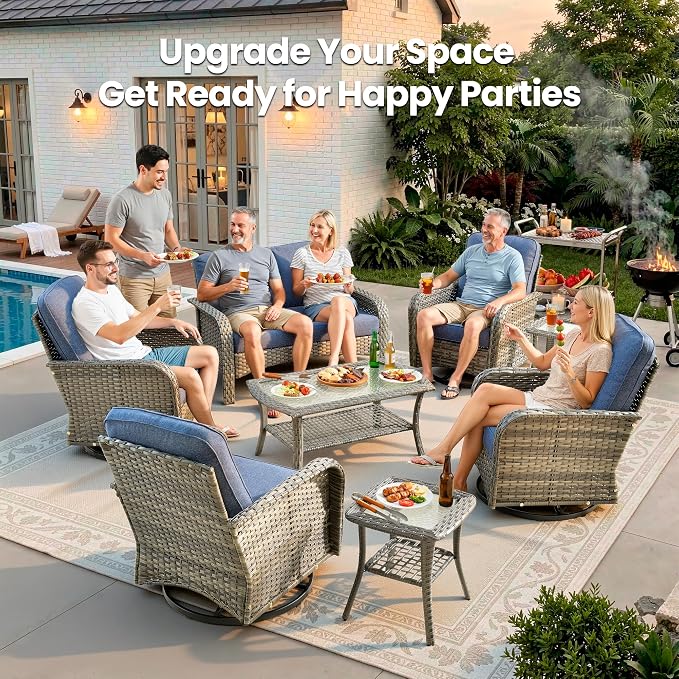 8 Piece Wicker Patio Furniture Set with Swivel Chairs, Denim Blue | 4 Swivel Rocker Chairs, High Back Loveseat Sofa, Coffee Table, Rattan Outdoor Conversation Set, Porch Deck Backyard Poolside