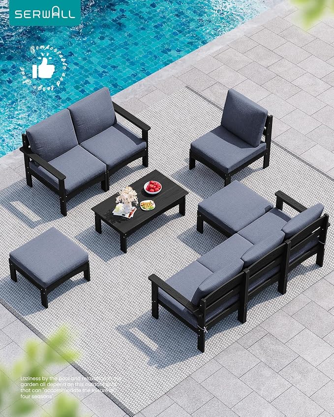SERWALL 9 Pieces Patio Furniture Set, HDPE Outdoor Sectional Sofas, Outdoor Couch Set with Cushions and Coffee Table, Extra-Large Modular Conversation Set for Garden, Black Frame with Grey Cushion