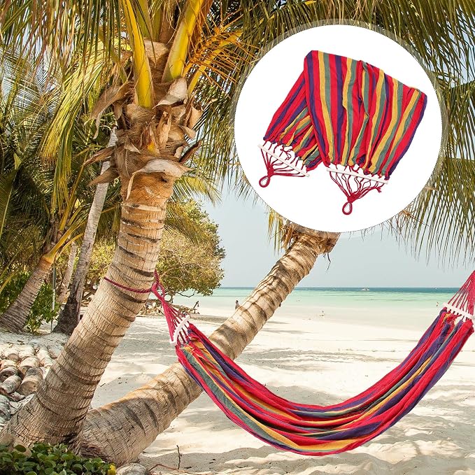 Kisangel Outdoor Striped Canvas Hammock Single Person 190x150cm with Curved Bar, Duckbill Buckle, Hanging Rope and Carry Bag for Camping Hiking Travel Patio Swing