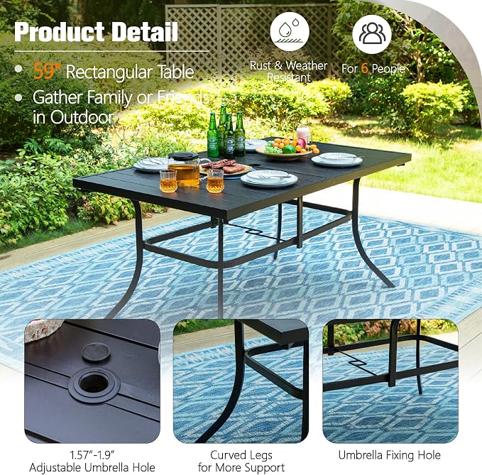 Sophia & William Outdoor Patio Table for 6 People, Rectangular Metal Patio Outdoor Dining Table, Black Steel Slatted Weather-Resistant Table with 1.57" Adjustable Umbrella Hole, L59 * W36 * H28