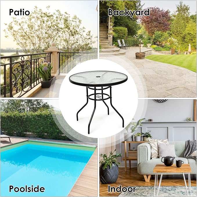 S AFSTAR Patio Bistro Table, Tempered Glass Table with 1.65” Umbrella Hole, Round Outdoor Dining Table, Round Patio Coffee Table for Deck Balcony Lawn Pool Backyard, 28”H x 32” D (Black)