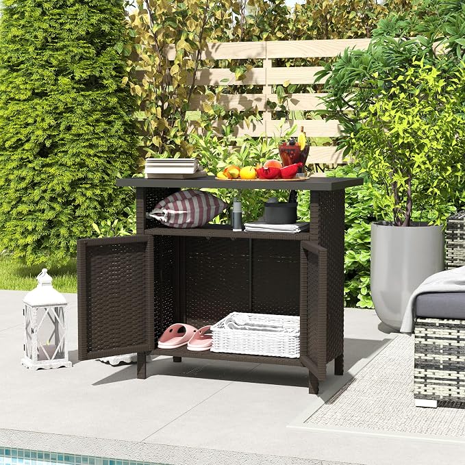 Outsunny Wicker Outdoor Storage Cabinet, Rattan Bar Table with 2 Doors and Shelf, Buffet Sideboard with Metal Slatted Countertop for Poolside, Patio, Backyard, Dark Coffee