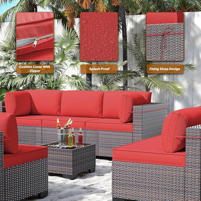 Outdoor Patio Furniture Set 14 Pieces with PE Wicker Sectional Sofa, Modular Conversation Seating, Coffee Table, Seat Clips, All Weather Outdoor Patio Sectional Set for Backyard, Deck, Garden(Red)