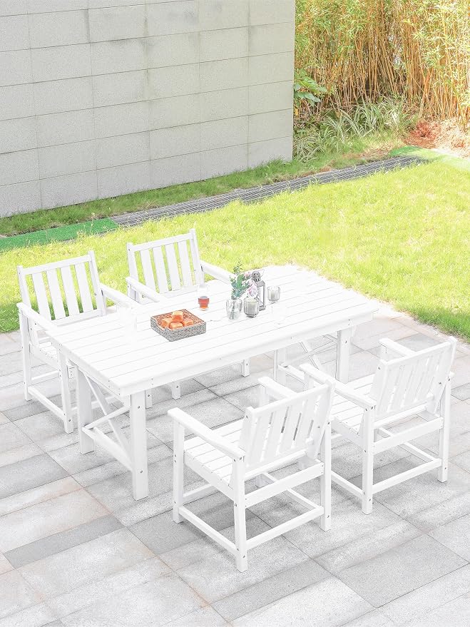 HDPE Patio Dining Set, 5-Piece Outdoor Table and Chairs with Umbrella Hole, Modern Outdoor Dining Set for 4, HDPE Outdoor Patio Furniture Dining Sets for Deck, Poolside, Porch, Pearl