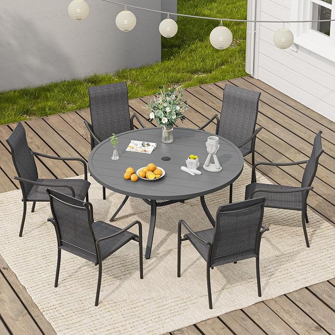 VICLLAX 47.2" Round Patio Table, Outdoor Dining Table for 6 with Umbrella Hole for Garden Lawn Deck Backyard, Dark Grey