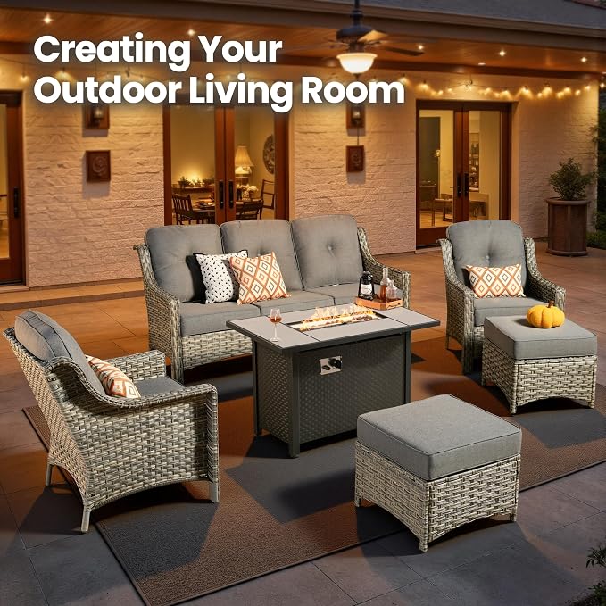 6 Piece Patio Furniture Set with Fire Pit Table, Outdoor Wicker High Back Sofa Chairs Ottoman with Comfy Cushions, Modern Conversation Sets for Backyard Deck Garden Poolside, Dark Gray