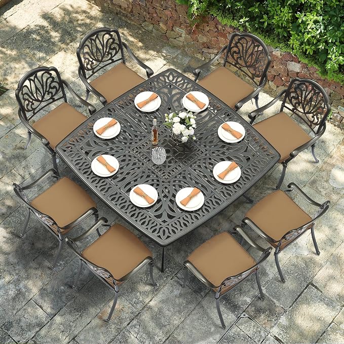 VIVIJASON 9-Piece Outdoor Furniture Dining Set for 8, All-Weather Cast Aluminum Patio Table and Chairs Set with 8 Cushioned Chairs, 64" Large Square Dining Table and Umbrella Hole for Deck Lawn, Khaki