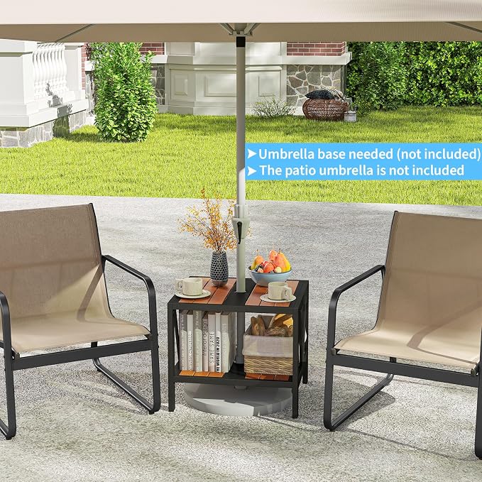 Tangkula Outdoor Side Table with 1.57” Umbrella Hole, 2-Tier Patio Metal End Table with Storage Shelf, Small Bistro Coffee Table for Porch, Balcony, Garden and Backyard (2)