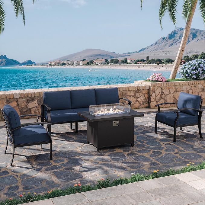 Kurapika Aluminum Patio Furniture Set 5-Seat Modern Metal Outdoor Conversation Sets w/45in Propane Fire Pit Table, w/5.1 Inch Cushion Patio Sectional Sofa w/5.1 inch Cushion, Navy Blue