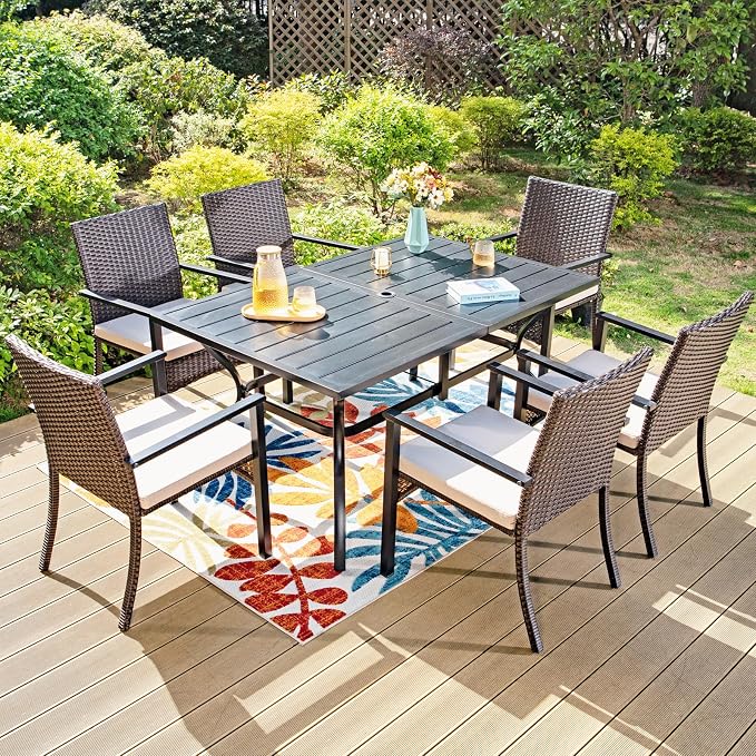 Sophia & William 7 Pieces Patio Dining Set with 13ft Beige Patio Umbrella, Outdoor Metal Table and Rattan Chairs Set for 6 People, Outdoor Dining Set with Cushions & 1.6" Adjustable Umbrella Hole