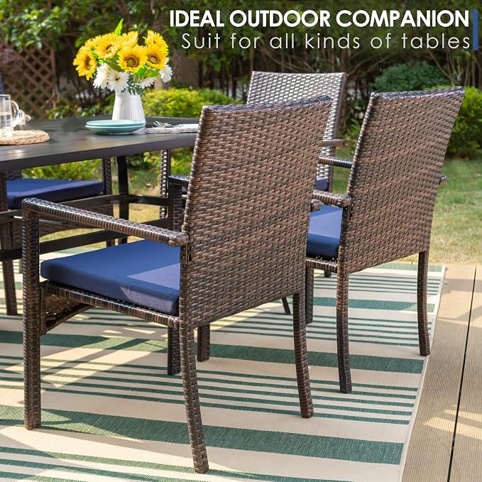 PHI VILLA Wicker Patio Dining Chairs Set of 2 with Removable Cushions | 2 Rattan dining chairs with thick removable seat cushions. Sturdy steel frame, easy assembly.