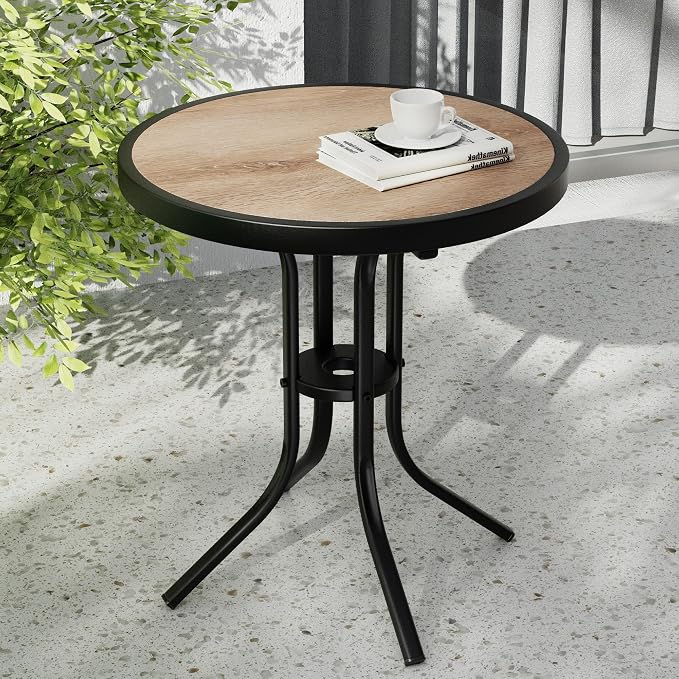 Outdoor Side Table with Wood-Like PDC Top, 17" Small Round Side Table Metal Patio End Table with Steel Frame for Balcony Garden Porch Deck Indoor
