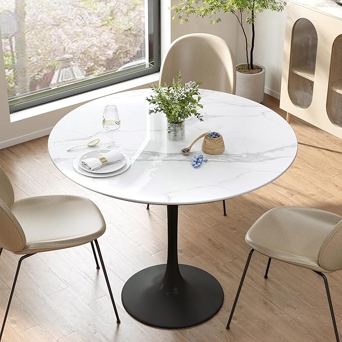 ZL ZELing 37" Round Sintered Stone Table Top - Weather-Resistant White All-Season Surface for Indoor/Outdoor Use, Versatile for Dining Tables, Coffee Tables & Side Table