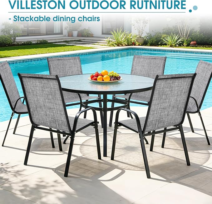 24.4" Wide Outdoor Stackable Chairs Set of 6, Stacking Patio Chairs with Textilene Fabric, Outside Furniture for Garden Backyard Balconie Poolside Deck, Grey