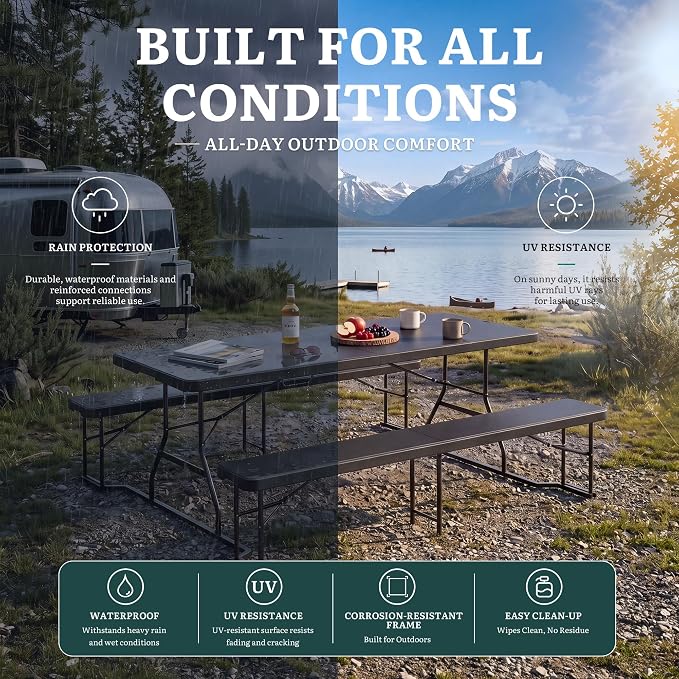 YITAHOME 6ft Folding Picnic Table with Benches, Heavy Duty 6 ft Picnic Tables for Outdoors, Portable Outdoor Table with Center Lock & Non-Slip Feet for Backyard, Camping, Beach, Black